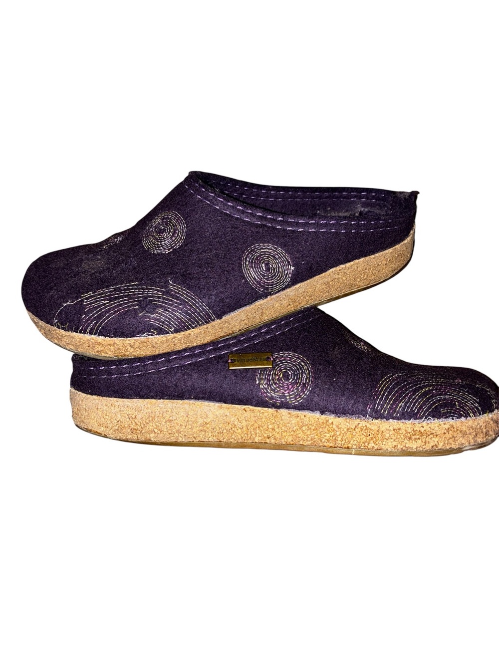 Haflinger Spirit boiled wool clogs in purple featuring a cork-latex footbed SZ 9